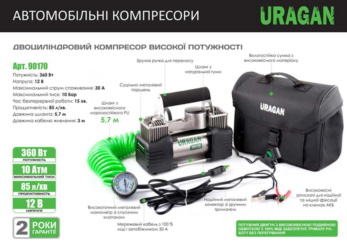 Компрессор автомобильный URAGAN двухцилиндровый с зажимами АКБ - фото 3