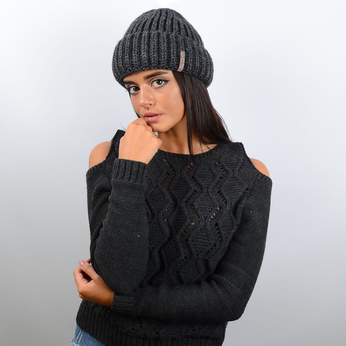 Шапка Sofi Алиса крупной вязки с флисом на манжете р. 54-58 Темно-серый