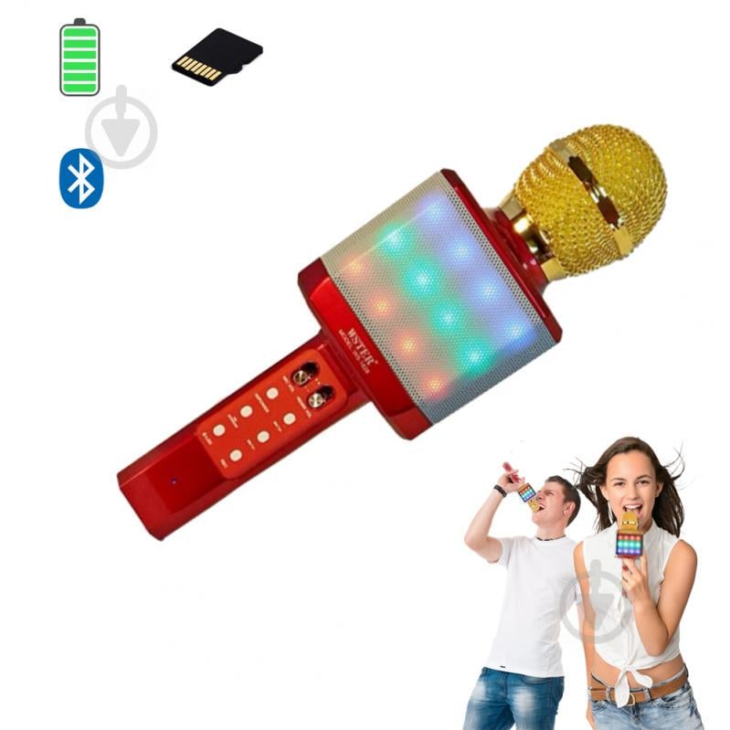 Микрофон-караоке беспроводной WSTER WS-1828 White с функцией изменением голоса Красный с золотым Микрофон-караоке беспроводной WSTER WS-1828 White с функцией изменением голоса Красный с золотым