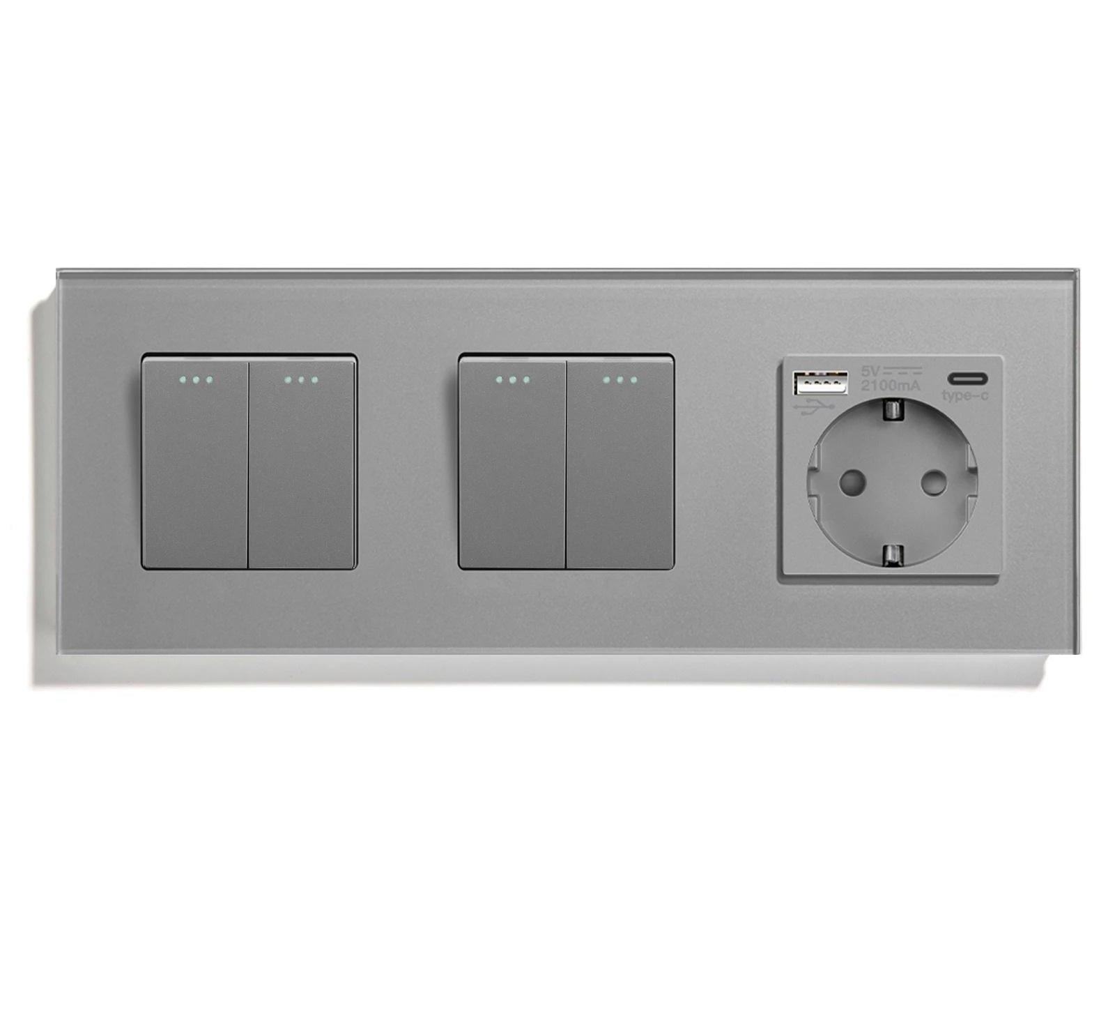 Выключатель перекрестный LUXION 4-клавишный 2-2 с розеткой USB A+C 20Вт с заземлением 16А 230 В стекло Серый