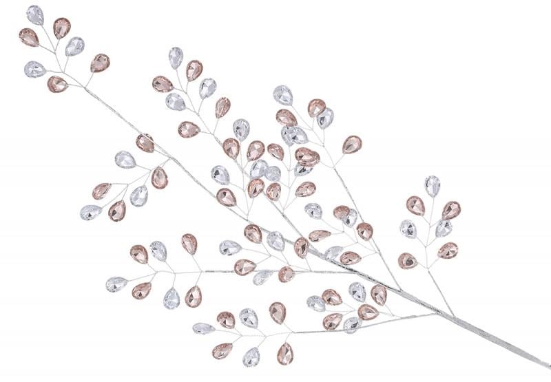 Веточка новогодняя CR8-309 с акриловыми камнями 72 см Серебрягый с бежевым
