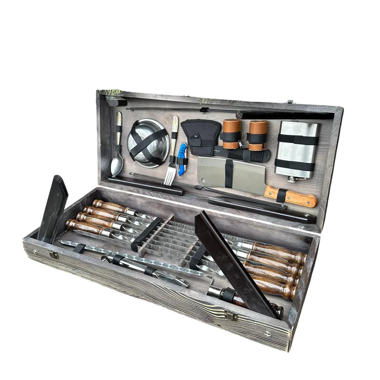 Подарунковий набір шампурів Mzavod Пікнік із нержавіючої сталі в дерев’яному кейсі-стілі 680x300x110 мм (136-17-1191510000860) - фото 3