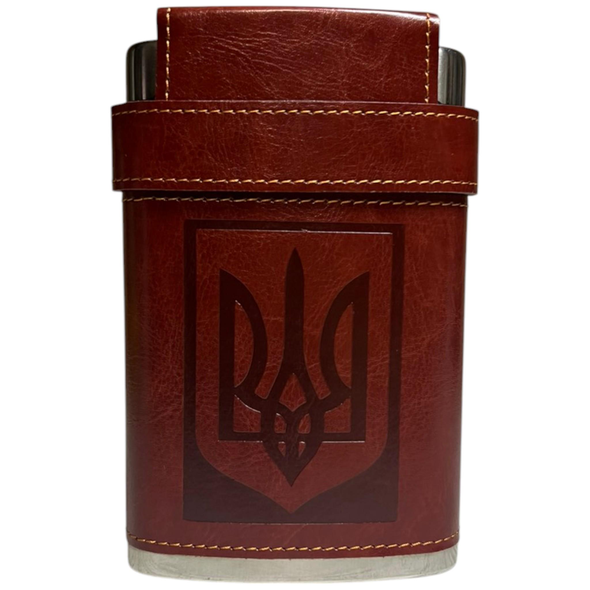 Фляга UKRAINE 9oz 266 мл в коже 3 рюмки 10 мл в крышке Brown (F_BZ-YY-9)