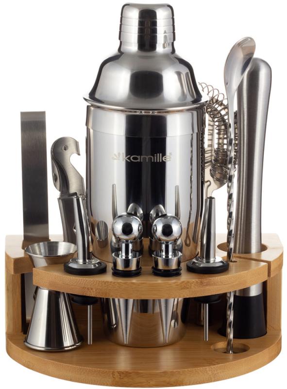 Набор бармена Kamille для изготовления коктейлей на деревянной подставке 11 пр.