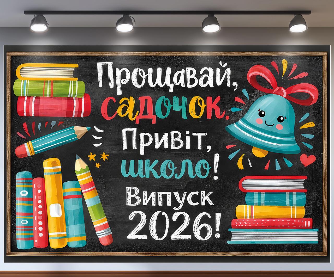 Баннер для фотозоны "Прощавай садок Привіт школо Випуск 2026" меловая доска книги 240x160 см
