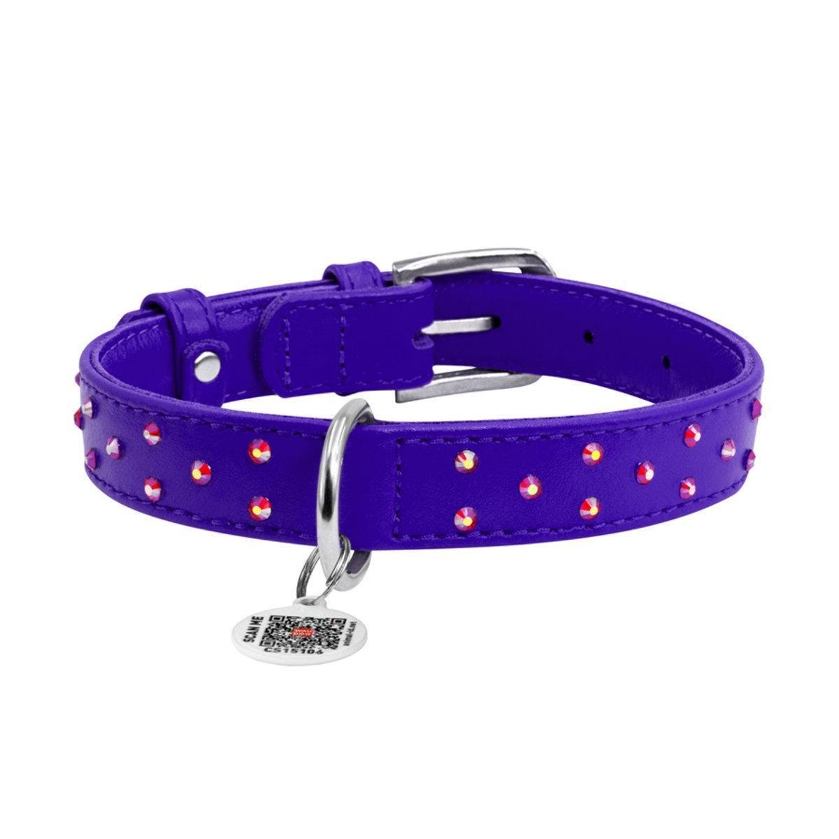 Ошейник для собак кожаный Waudog Glamour с QR паспортом/клеевыми стразами 25 мм х 38-49 см Фиолетовый (32799 Col)