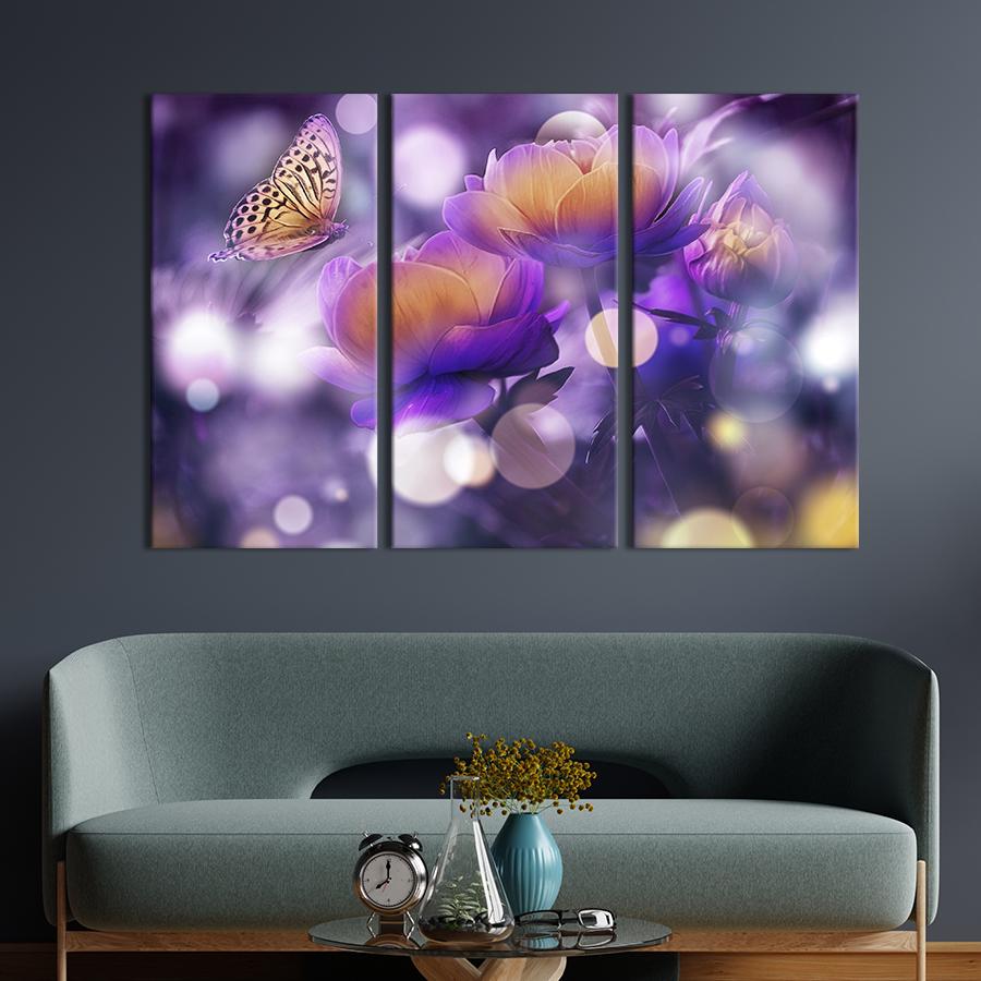 Картина на холсте триптих Волшебные тюльпаны и бабочка 78x48 см (789-31)