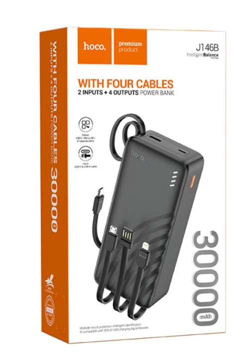 Повербанк Hoco J146B Night Tide 30000 mAh 2A со встроенными кабелями Черный