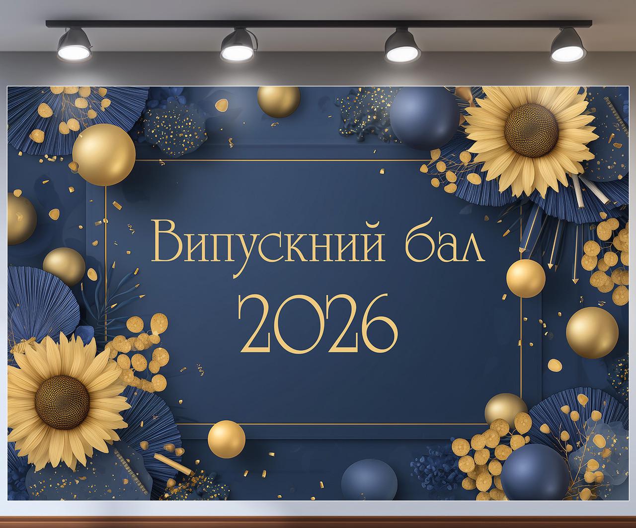 Баннер для фотозон "Випускний бал 2026" темно-синяя с подсолнухами 240x160 см №41379