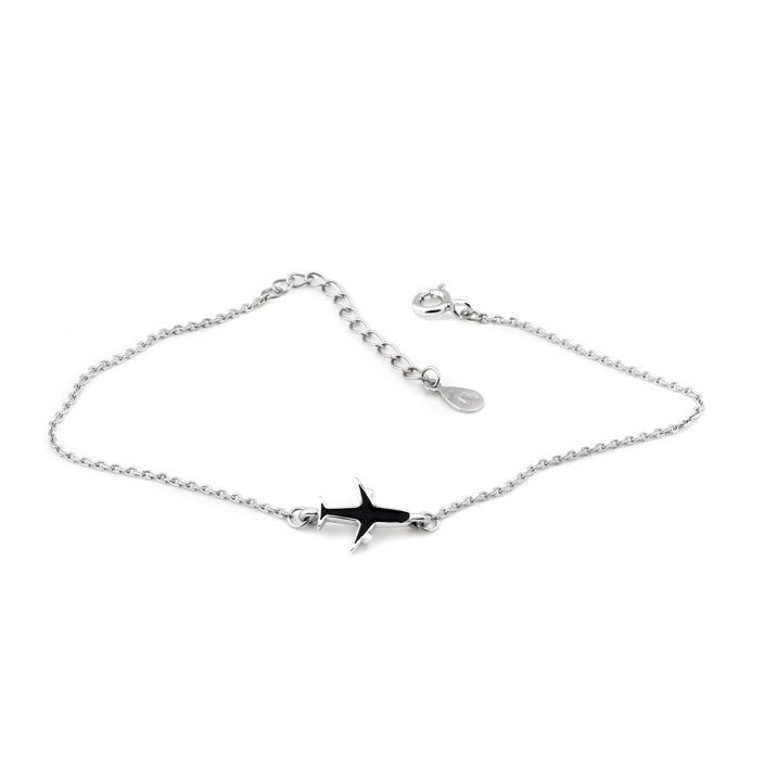 Браслет серебряный Самолет с черной эмалью на тонкой цепочке Браслет серебряный Самолет с черной эмалью на тонкой цепочке