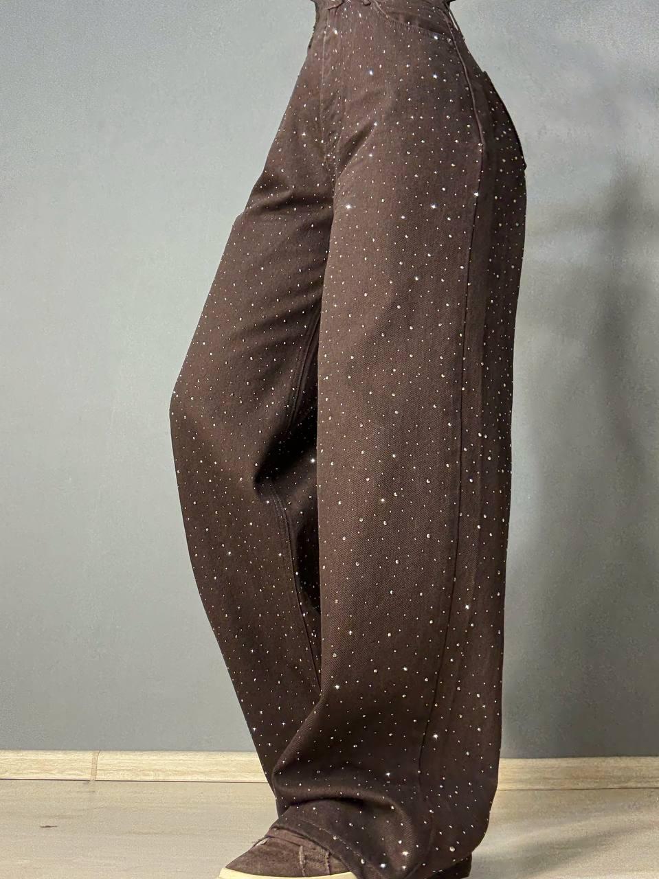 Джинсы женские Dk-49 1720 Palazzo Baggy с камушками широкие р. 40 Коричневый (5978) - фото 4