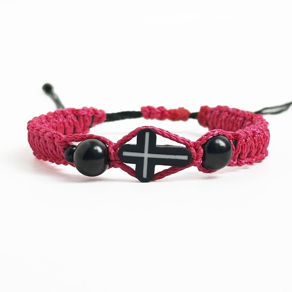 Браслет плетеный с крестом гагат Розовый (10719)