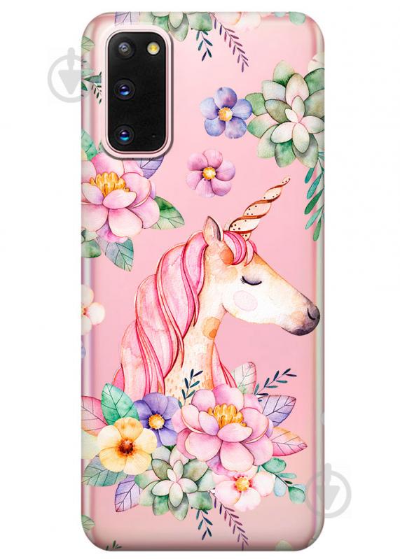 Прозрачный силиконовый чехол iSwag для Samsung Galaxy S20 с рисунком - Единорог в цветах (M1019)