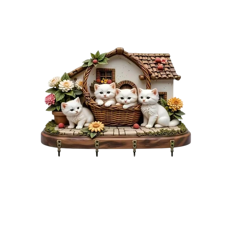 Ключниця дерев'яна Кошенята в кошику 2D з 4 гачками 23х30 см Різнокольоровий Ключниця дерев'яна Кошенята в кошику 2D з 4 гачками 23х30 см Різнокольоровий