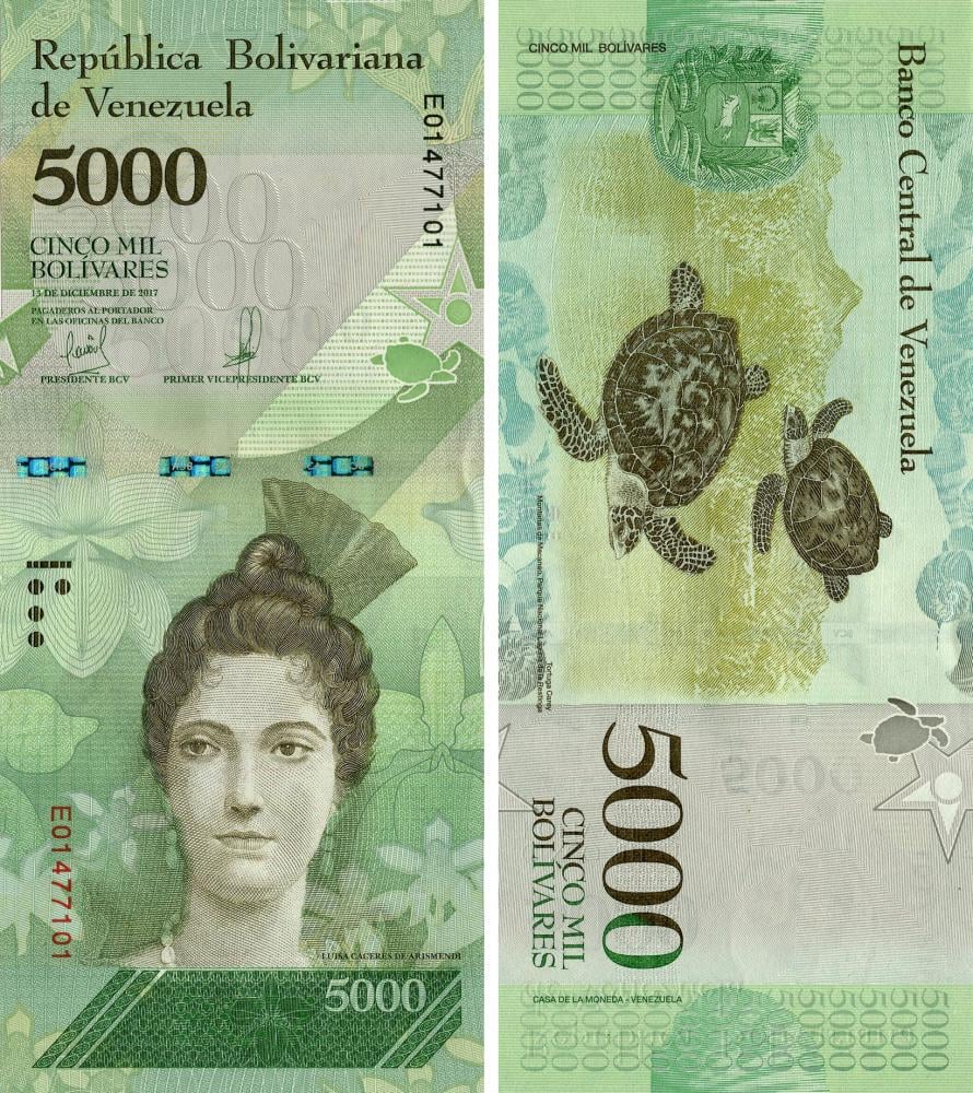 Коллекционная банкнота Венесуэла 5000 боливар 2017 UNC Черепахи P97 (Б14771)