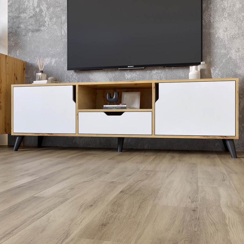 Тумба под ТВ Еверест Борн 1600 с черными ножками 160х40х50,4 см Дуб артизан/Нимфея альба (23887161)