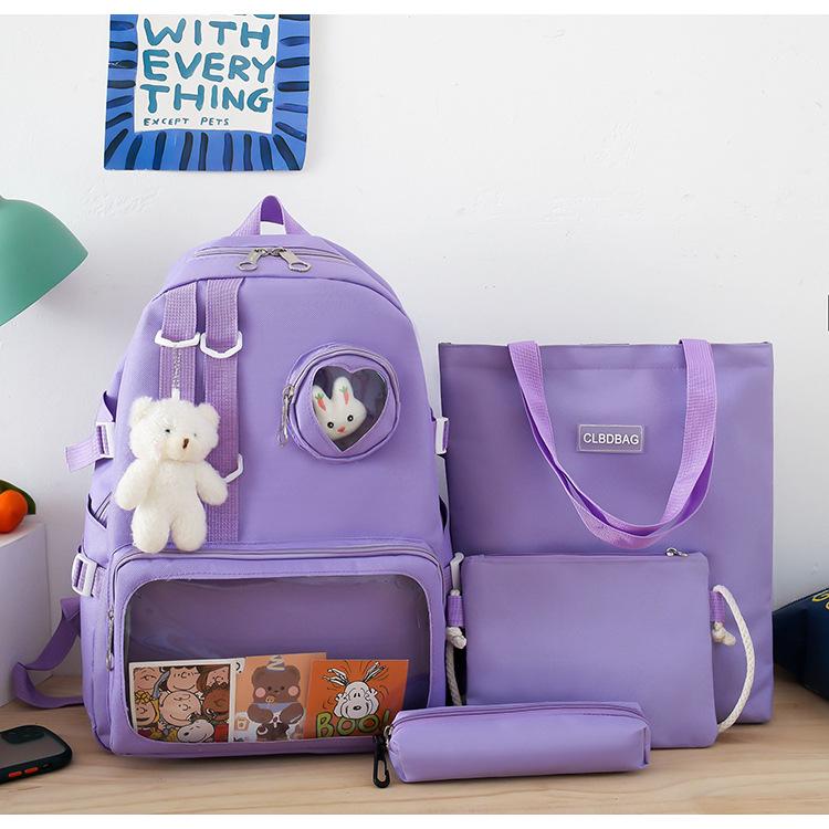 Школьный рюкзак для девочки Медвежонок с значком-зайчик 4в1 5-11 класс Фиолетовый (27667919)