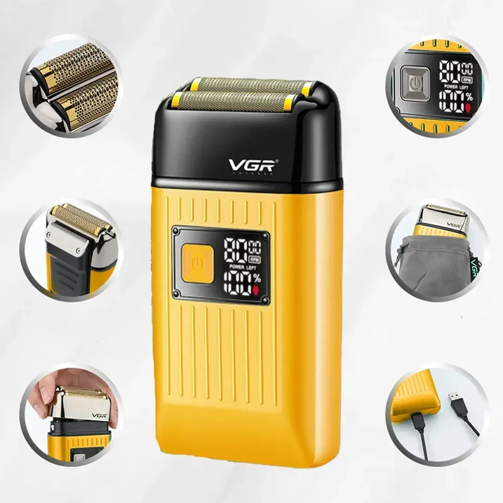 Аккумуляторная электробритва шейвер с USB и LED дисплеем, Желтая VGR V-357 (L) - фото 2