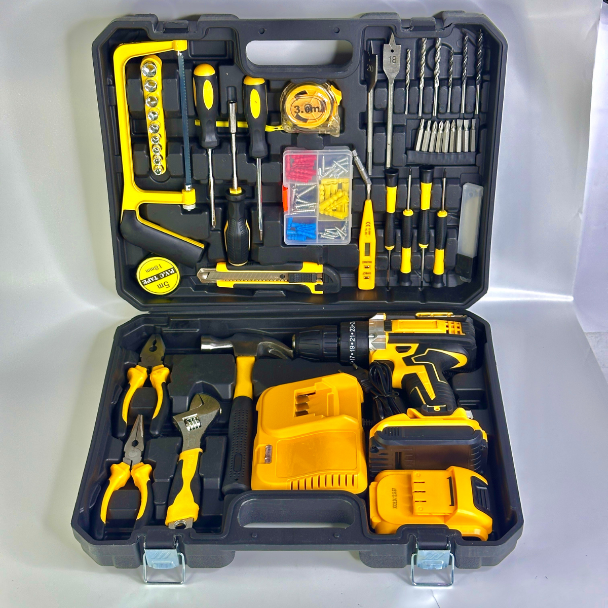 Шуруповерт ударный с двумя аккумуляторами 24V и набором инструментов в кейсе (JMX-6939-Yellow)