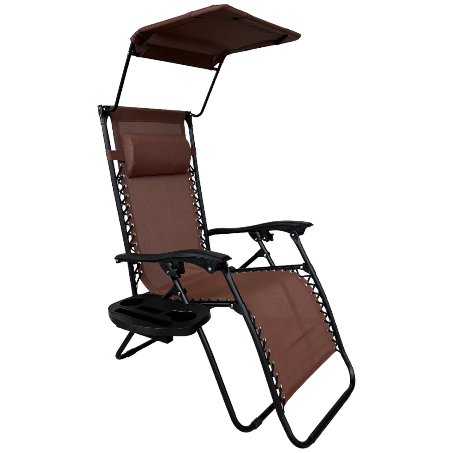 Шезлонг Zero Gravity LEOBRO 177х64х110 см с козырьком подголовником и регулировкой спинки Коричневый (leo-140255)