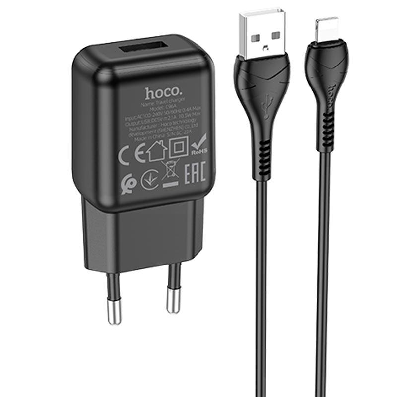 Адаптер мережний Hoco Lightning cable single port charger set C96A 1USB 2,1 A Black (562189)