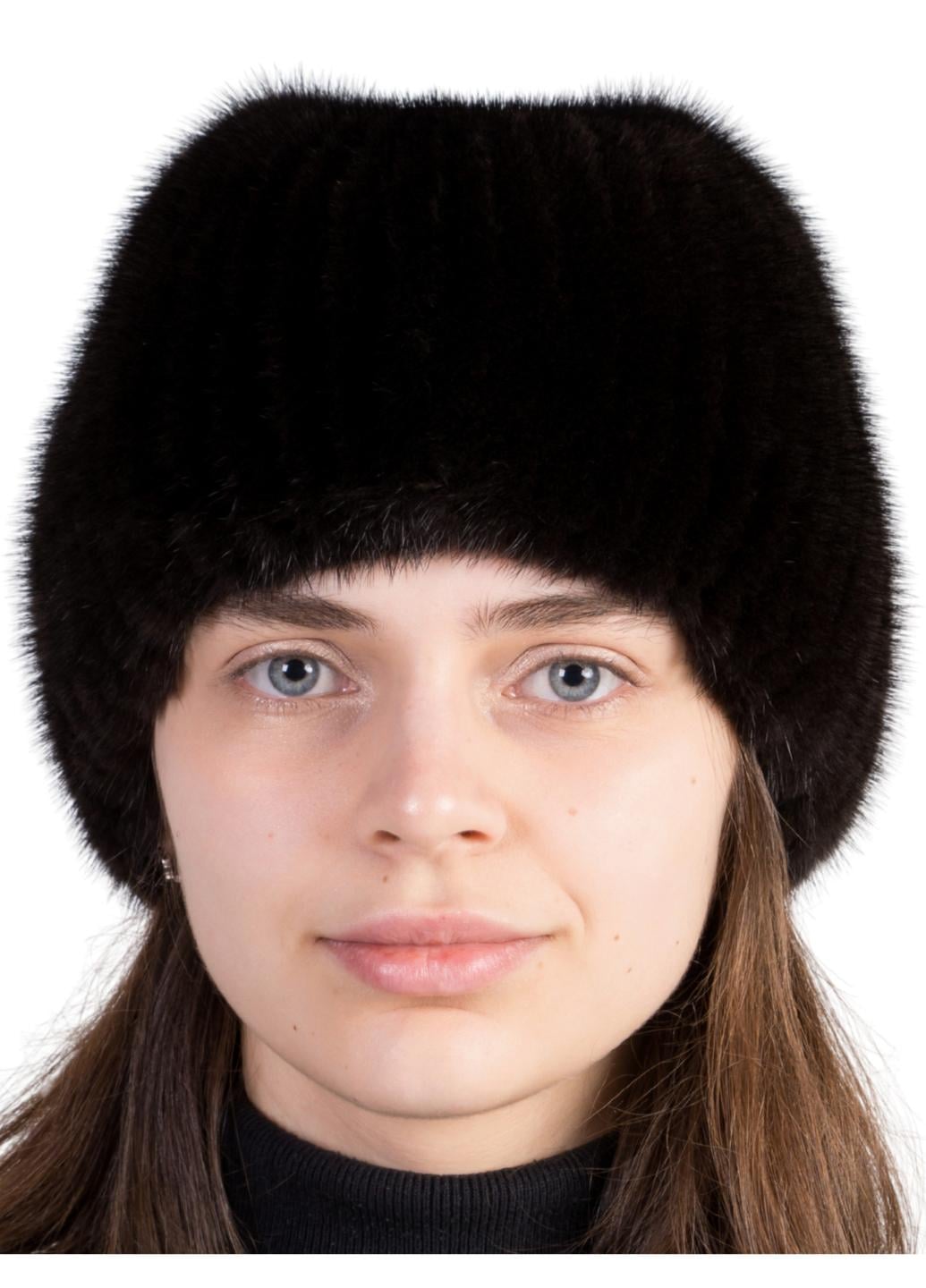 Зимняя шапка из вязаной норки Меховой стиль Бабочка натуральный мех XL-XXL Махагон (113/R)