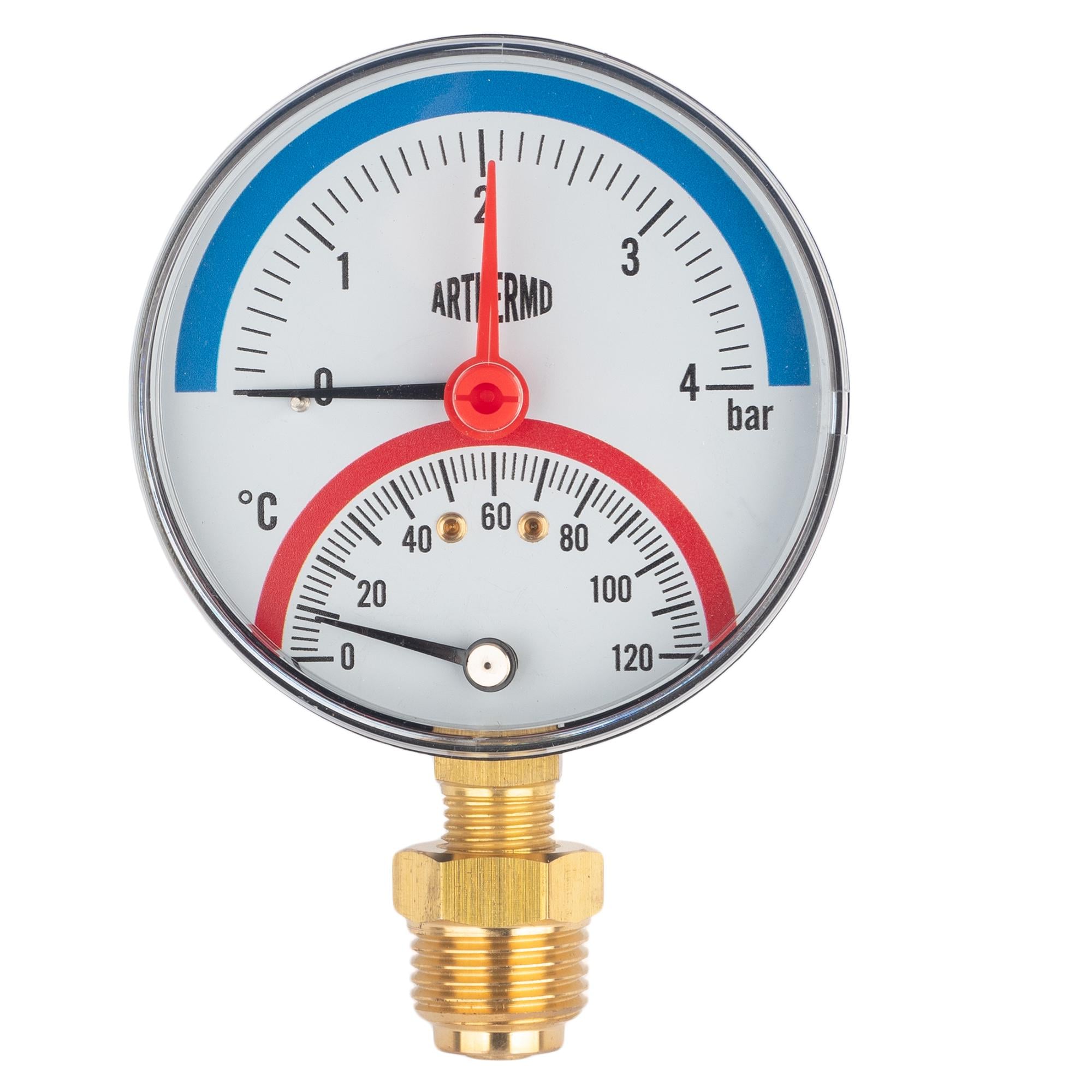 Термоманометр Arthermo TI110 0-120°C 0-4 бар нижнее подключение клапан 1/2" Ø 80 мм