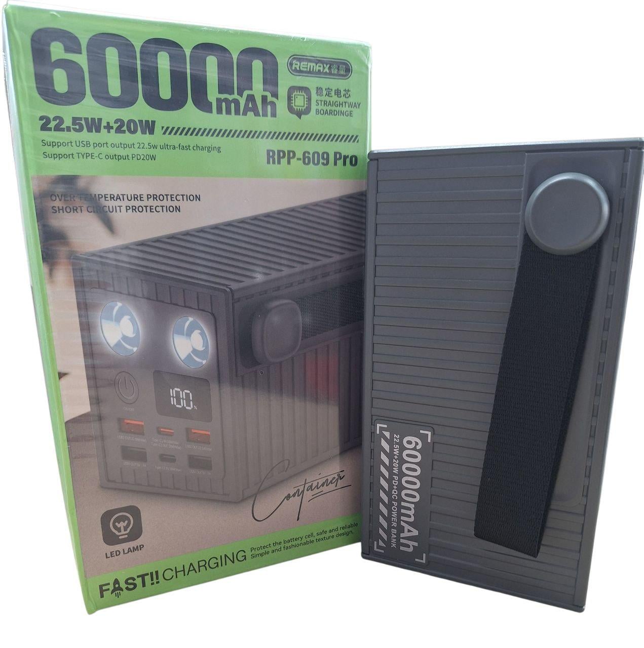 Повербанк Remax 60000 мАг 22.5 Вт швидка зарядка QC PD 20W 2 Type-C 4 USB LCD дисплей Сірий