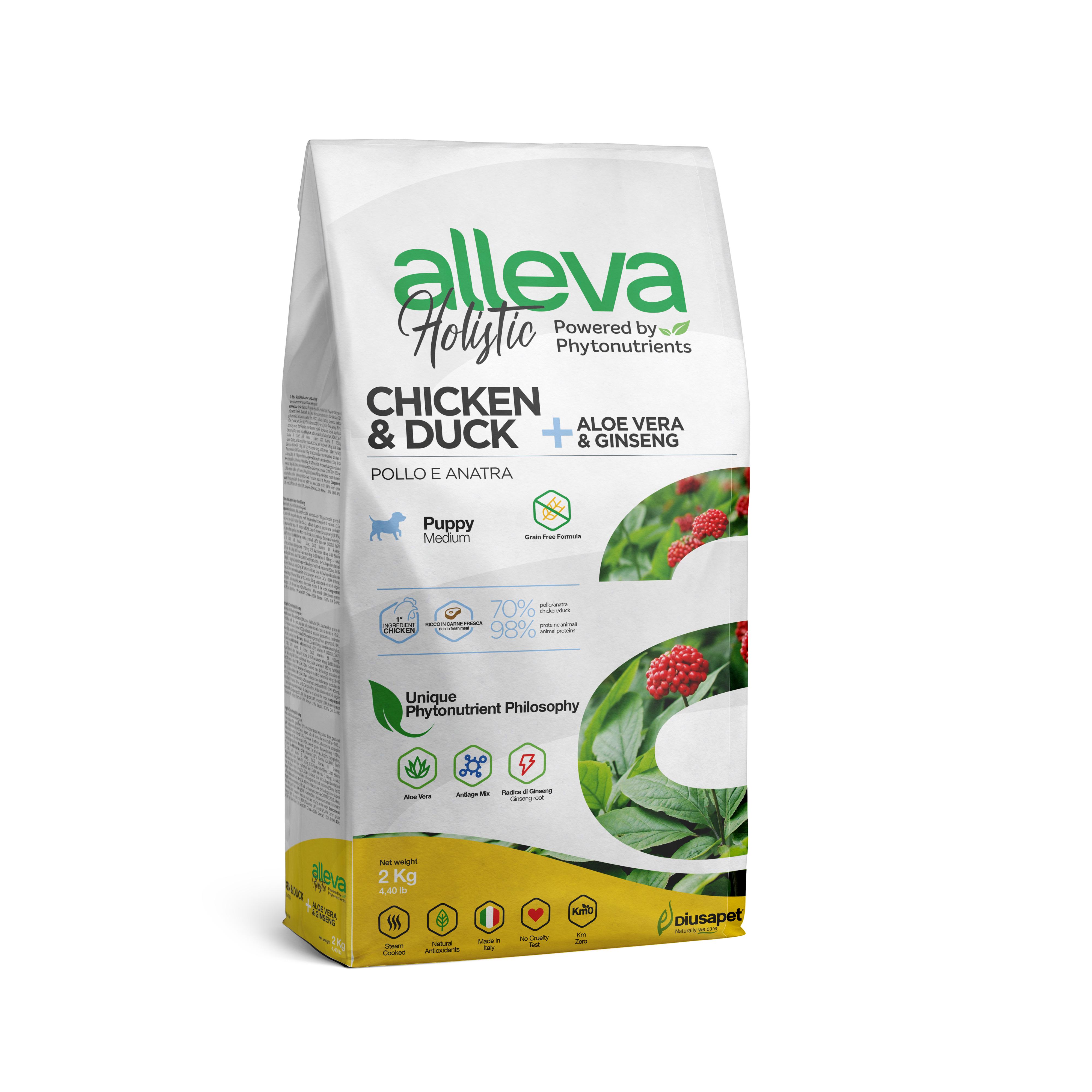 Корм сухой для щенков средних пород Alleva HOLISTIC Puppy/Junior CHICKEN&DUCK MEDIUM с курицей и уткой с добавлением алоэ вера и корня женьшеня 2 кг (P00224) - фото 1