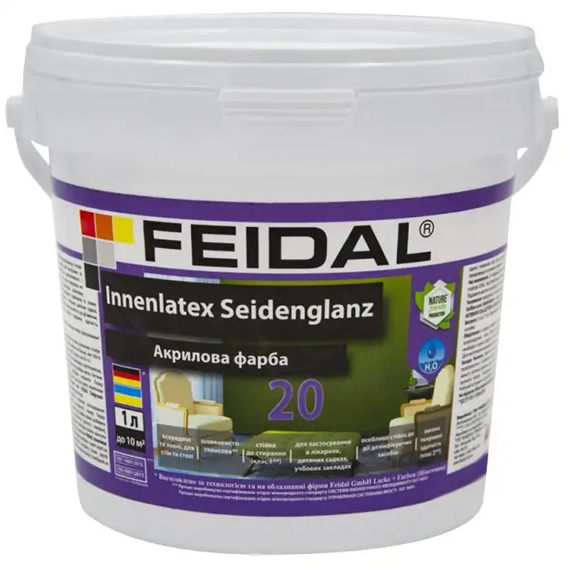 Фарба Feidal Innenlatex Seidenglanz 20 латексна база шовковисто-глянцева А біла для внутрішніх робіт 1 л (1815006307) - фото 1 Фарба Feidal Innenlatex Seidenglanz 20 латексна база шовковисто-глянцева А біла для внутрішніх робіт 1 л (1815006307) - фото 1
