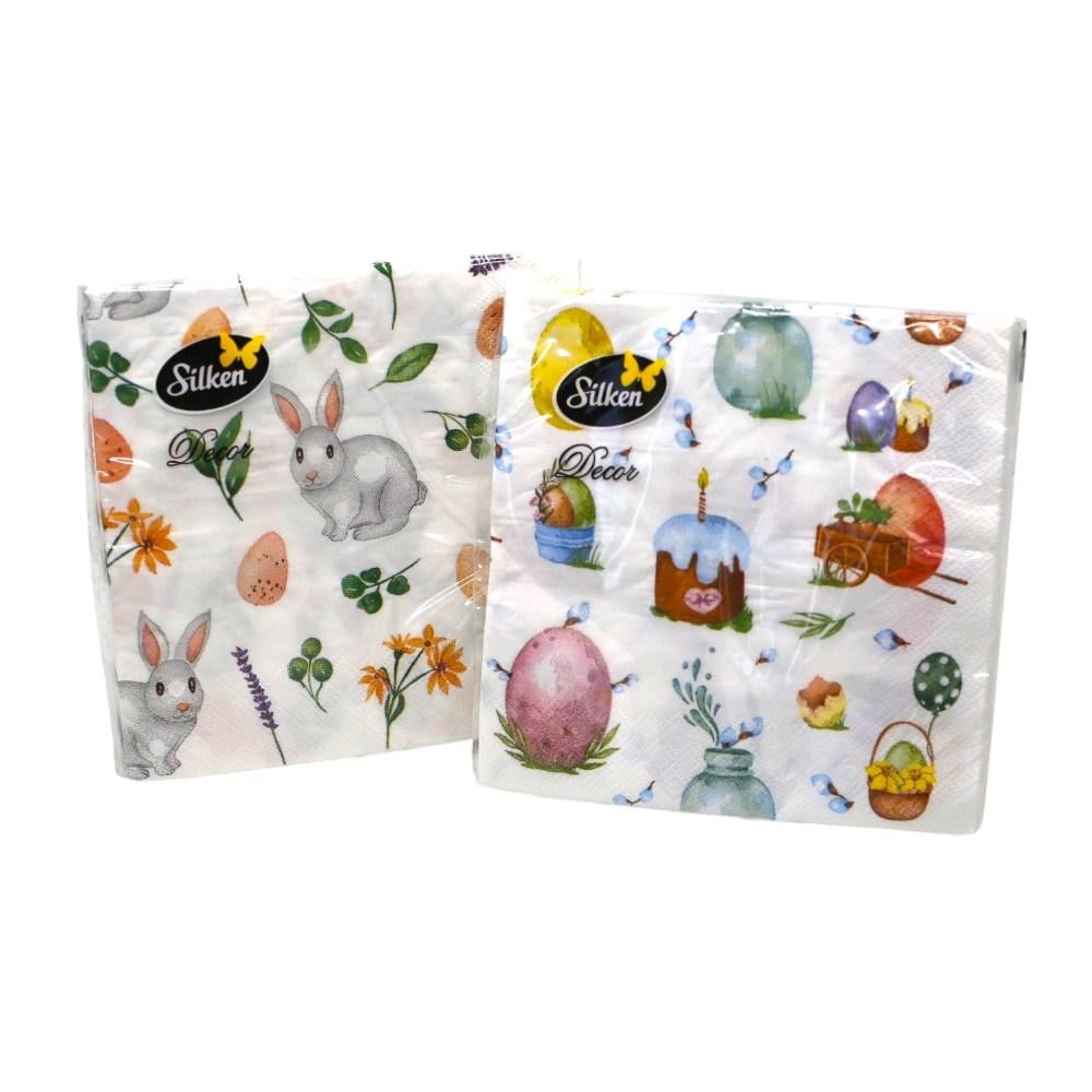Салфетки бумажные Silken Кролик и Пасочка микс 3 слоя 33x33 см 18 шт. (НФ-00008408)