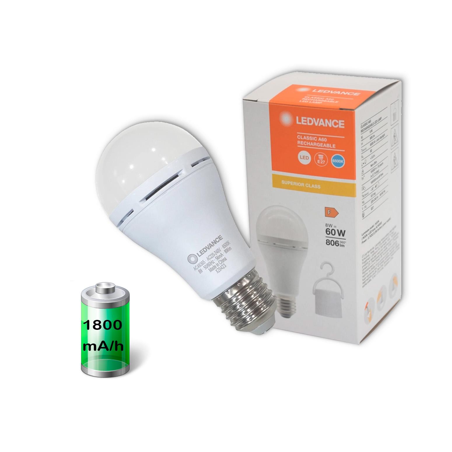 Светодиодная лампа LEDVANCE LED RECHARGEABLE с аккумулятором 8W 220V 806lm 6500K E27 1800 mAh 60х122 мм (4099854102431) - фото 2