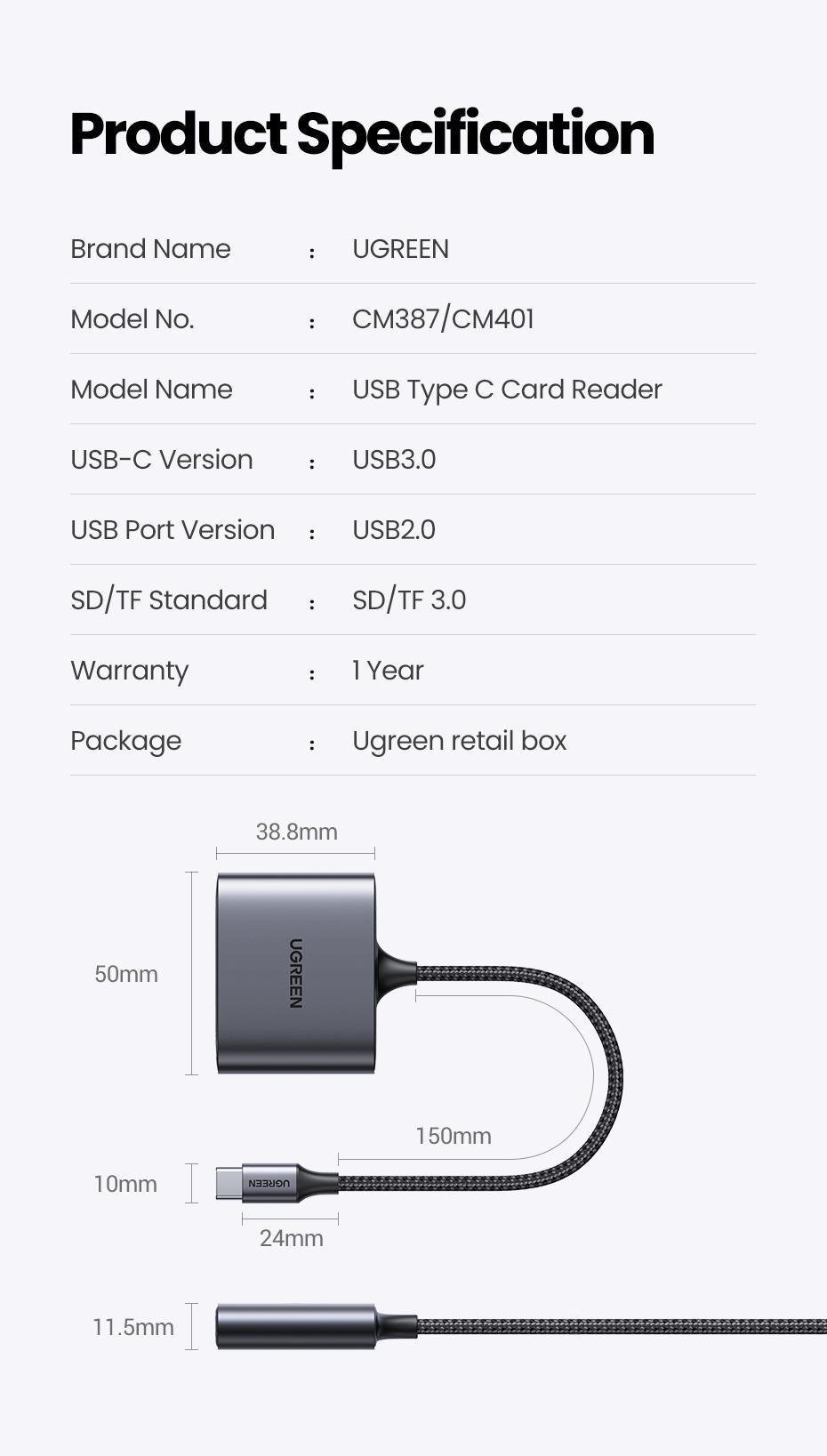 Кардридер UGREEN USB-C слоти SD/TF порт USB-A 2.0 одночасне читання швидкість до 5 Гбіт/с алюмінієвий Сірий (80798) - фото 10 Кардридер UGREEN USB-C слоти SD/TF порт USB-A 2.0 одночасне читання швидкість до 5 Гбіт/с алюмінієвий Сірий (80798) - фото 10