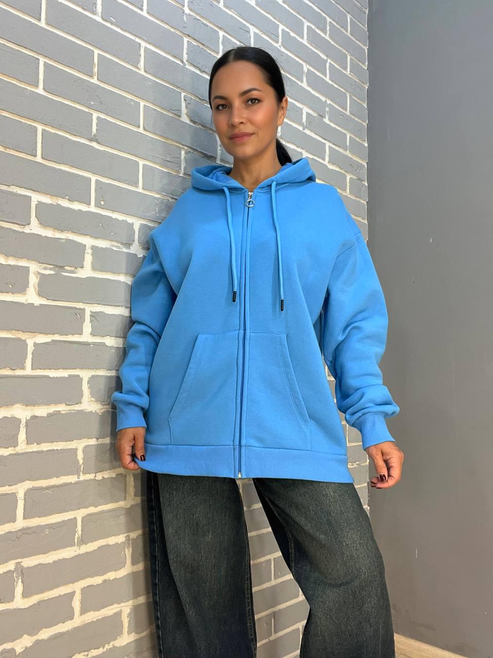 Толстовка жіноча QUZEN 482 подовжена на блискавці капюшон базова фліс утеплена OS Блакитний (993) - фото 5