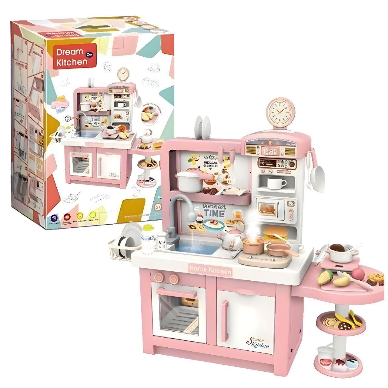 Детская игрушечная кухня с раковиной со своей подачей воды/с подсветкой/музыкой и посудой Розовый (154801-1)