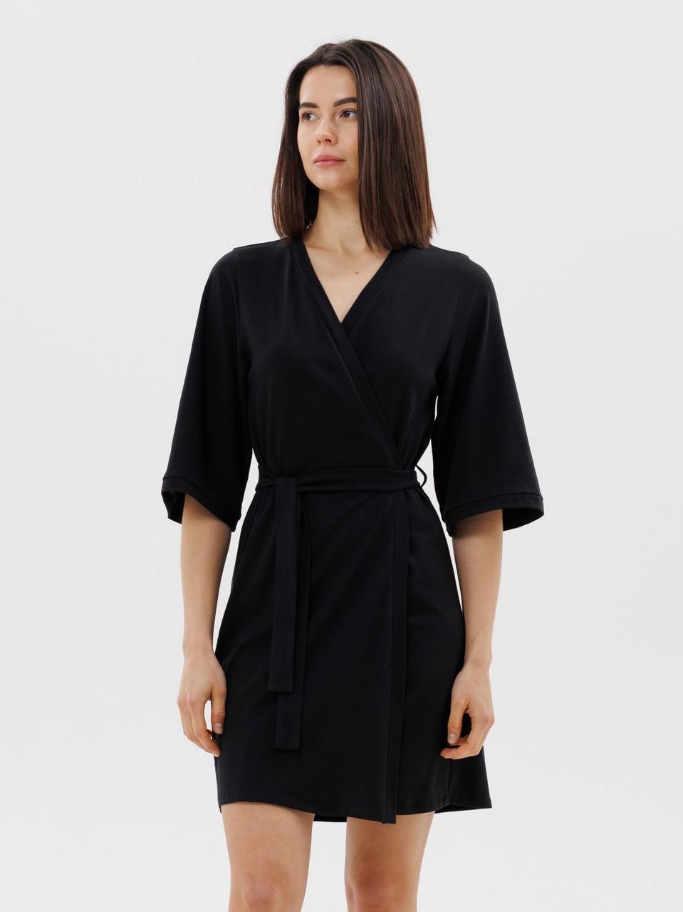 Халат женский Roksana короткий с рукавами до локтя и поясом хлопковый XXL Черный (1770/16949)