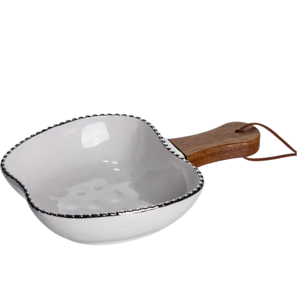 Миска фарфоровая для сервировки с деревянной ручкой 400 мл Серебряный (147-107-ZJH-15-1)