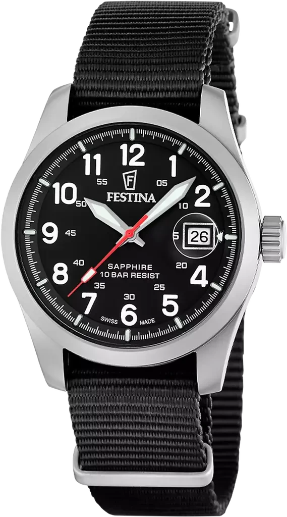Наручные часы мужские Festina F20082/3 Field Watches Swiss Made со стальным корпусом/сапфировым стеклом WR 100 м и черным циферблатом