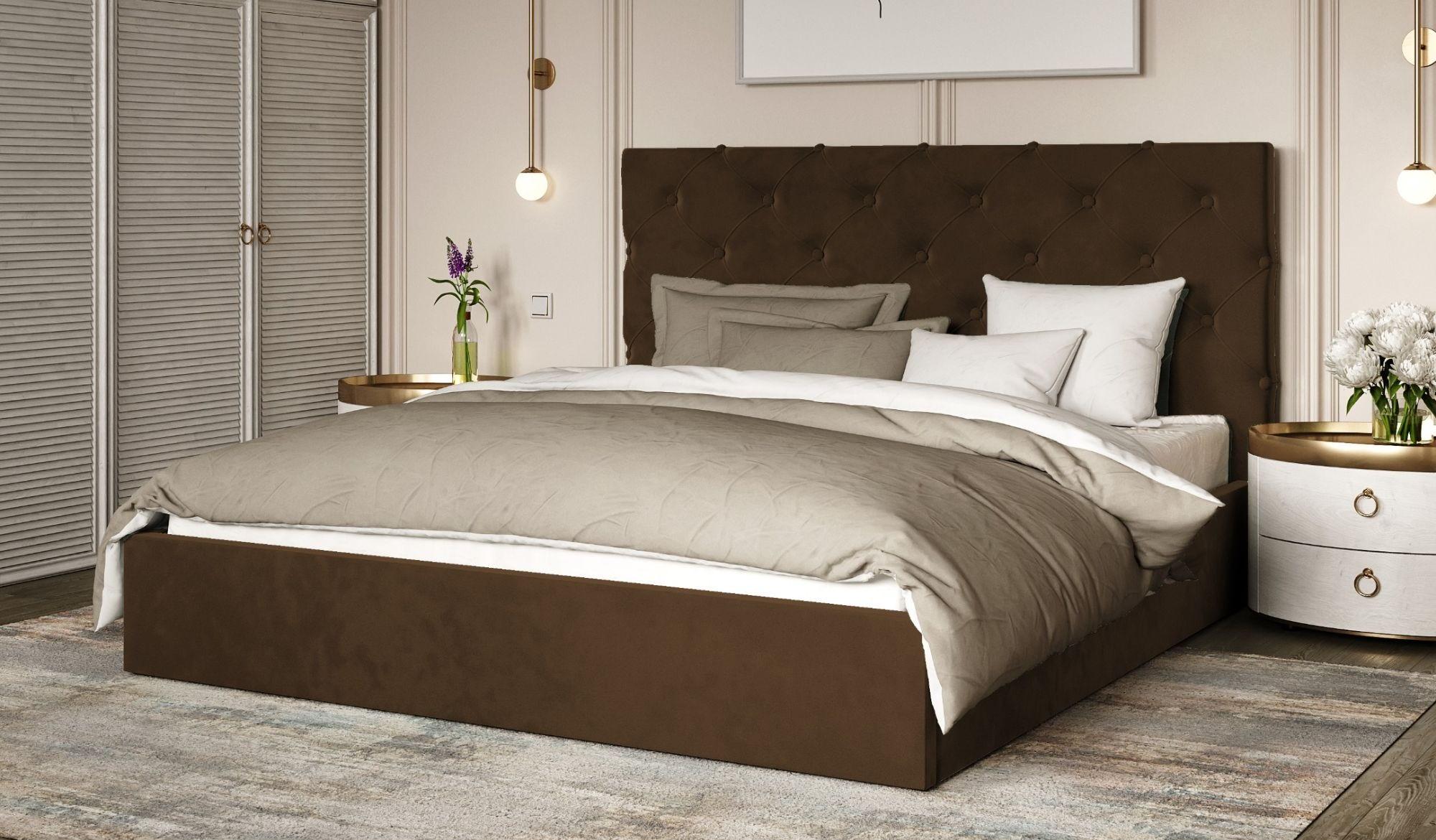 Кровать двуспальная Viorina-Deko Велюр с мягким изголовьем/подъемником ДСП/ткань буковые ламели/без матраса 140x200 см Латте