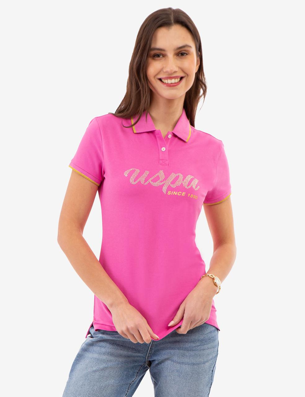 Футболка поло жіноча U.S. Polo Assn LUREX SCRIPT Tipped Shirt L Рожевий (2180656351)