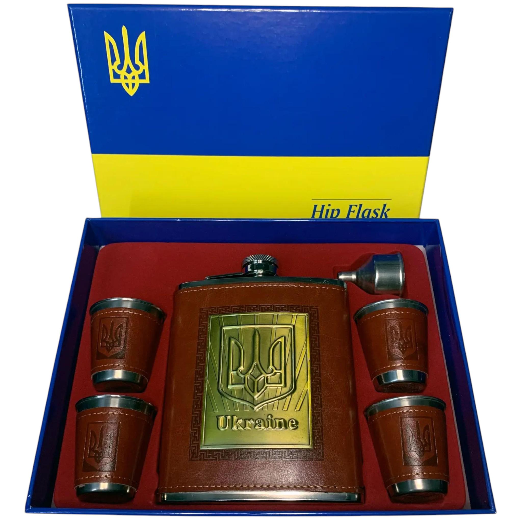 Набор подарочный Moongrass 6в1 Ukraine Trident фляга/лейка/стопки 4 шт. в коже Brown (F_TZ-18)