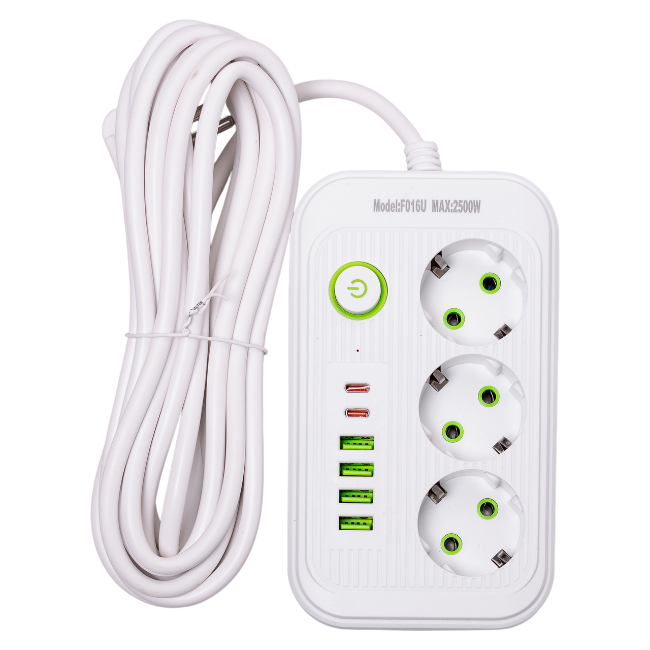 Фільтр мережевий кабель F16 на 3 розетки 4 USB 2 type-c та кнопкою відключення HP-5-21 4,75 м Білий (A-034382)