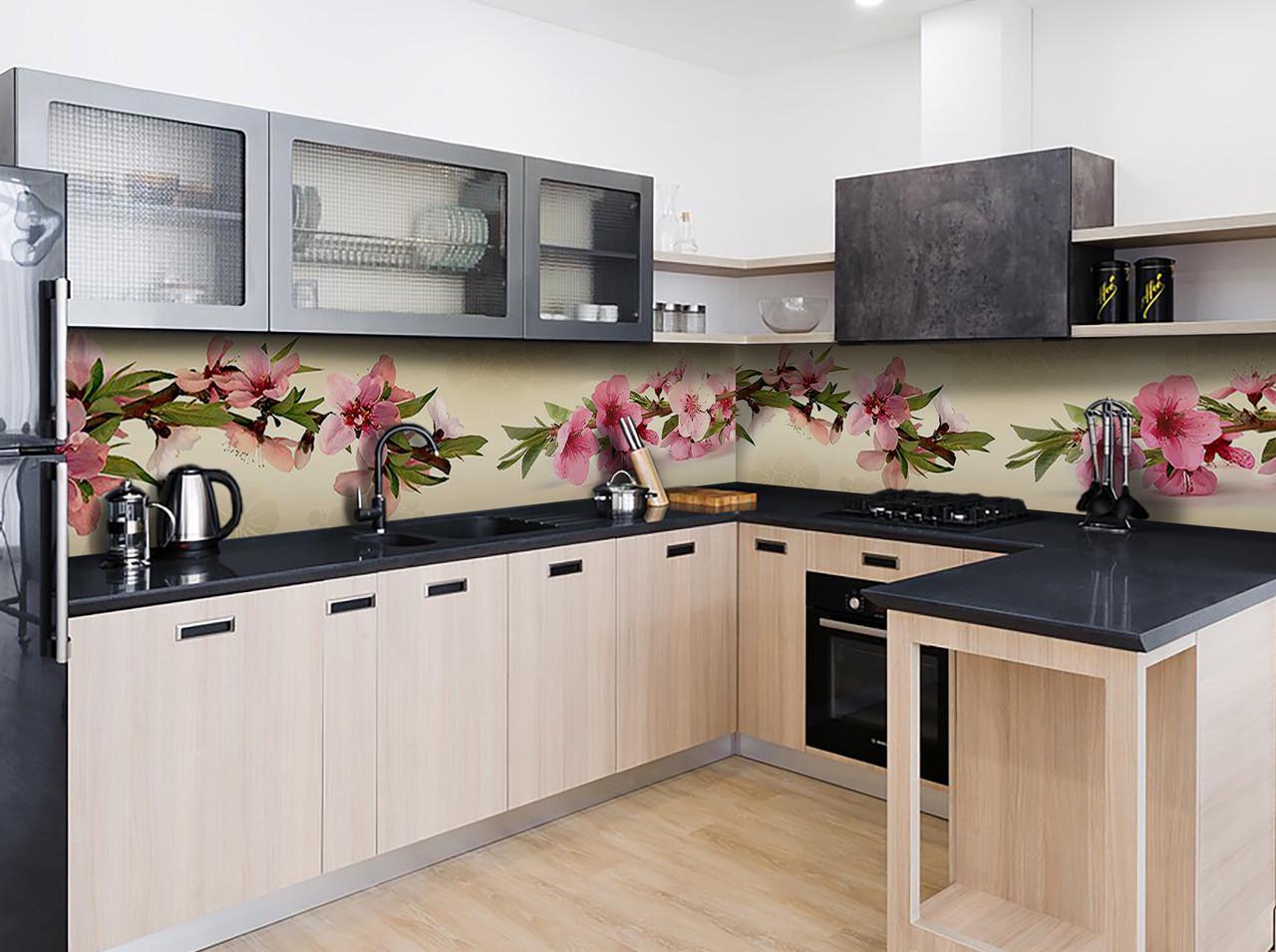 Кухонный фартук Розовая сакура из самоклеющейся виниловой пленки 60х300 см Бежевый