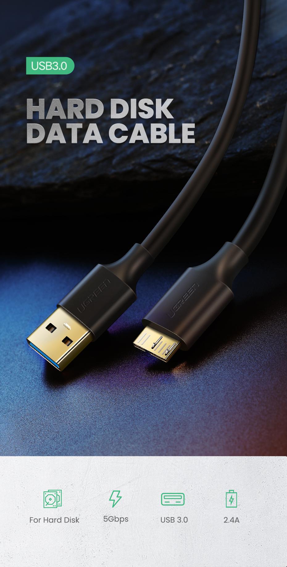Кабель для жестких дисков UGREEN USB 3.0-Micro USB Type-B 5 Гбит/с USB 3.0 A на Micro-B 1 м Черный (10841) - фото 3