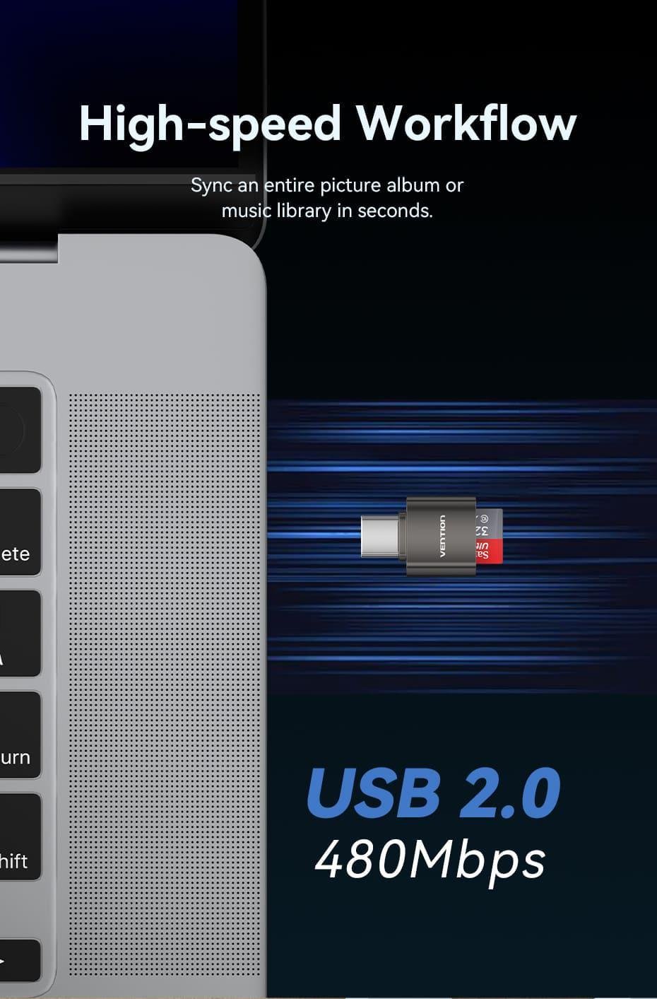 Кардридер Vention Type-C для TF Micro SD 480 Мбит/с для Чтения Карт памяти USB-C Серый (CLMH0) - фото 4