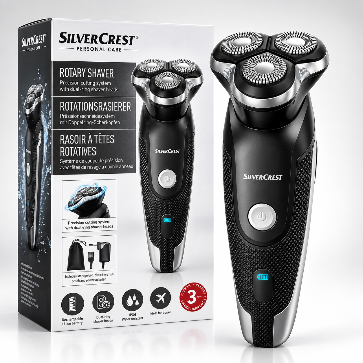 Электробритва роторная для мужчин Silver Crest SRR 3.7 C3 аккумуляторная с откидным триммером и дорожной блокировкой (38121370)