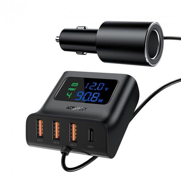 Зарядное устройство автомобильное Acefast B8 Digital Display Car HUB Charger 2,4A 90W 4хUSB/Type-C Black (AFB8)
