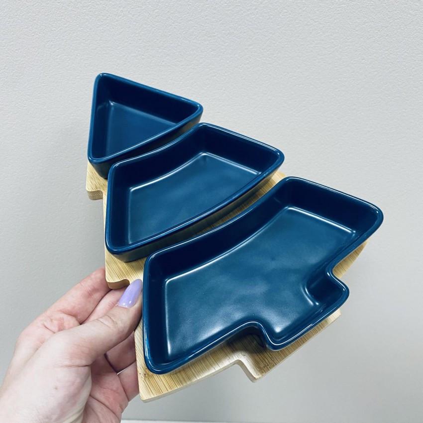 Менажниця керамічна Olens 8030-354 Синя ялинка на бамбуковій підставці 3-х секційна (2387257924) - фото 3 Менажниця керамічна Olens 8030-354 Синя ялинка на бамбуковій підставці 3-х секційна (2387257924) - фото 3