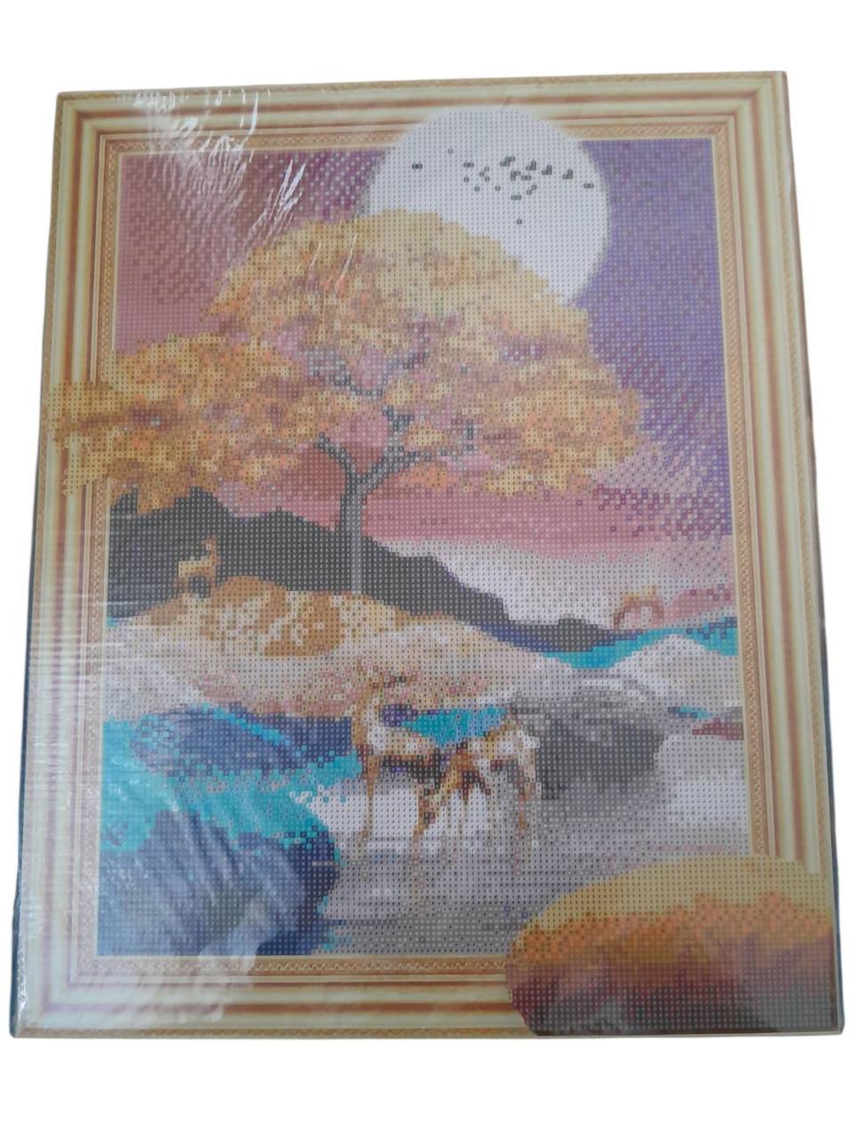 Алмазная мозаика Дерево Бонсай с золотыми Антилопами Рассвет 40х50 см