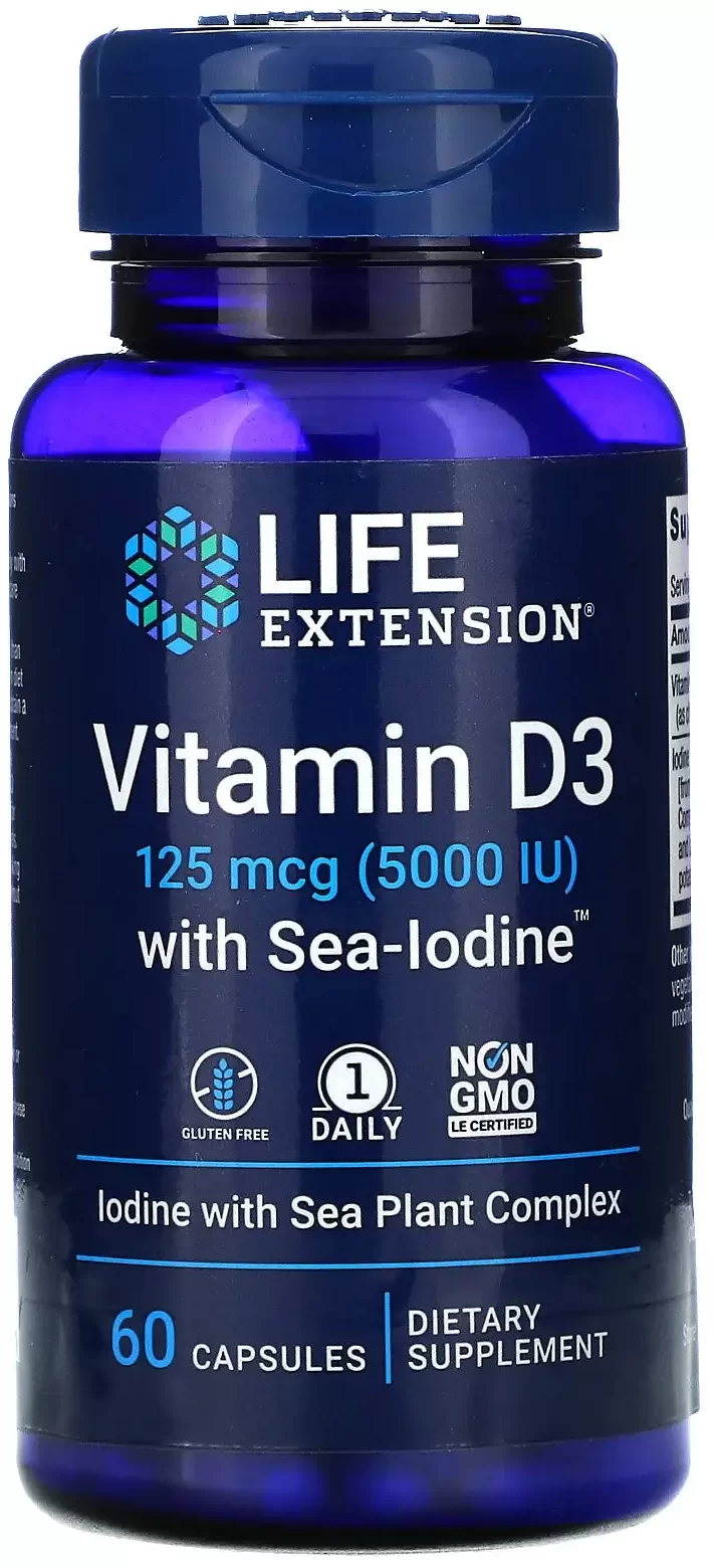 Витамины Д и К с йодом Life Extension Vitamins D and K with Sea-Iodine 60 caps